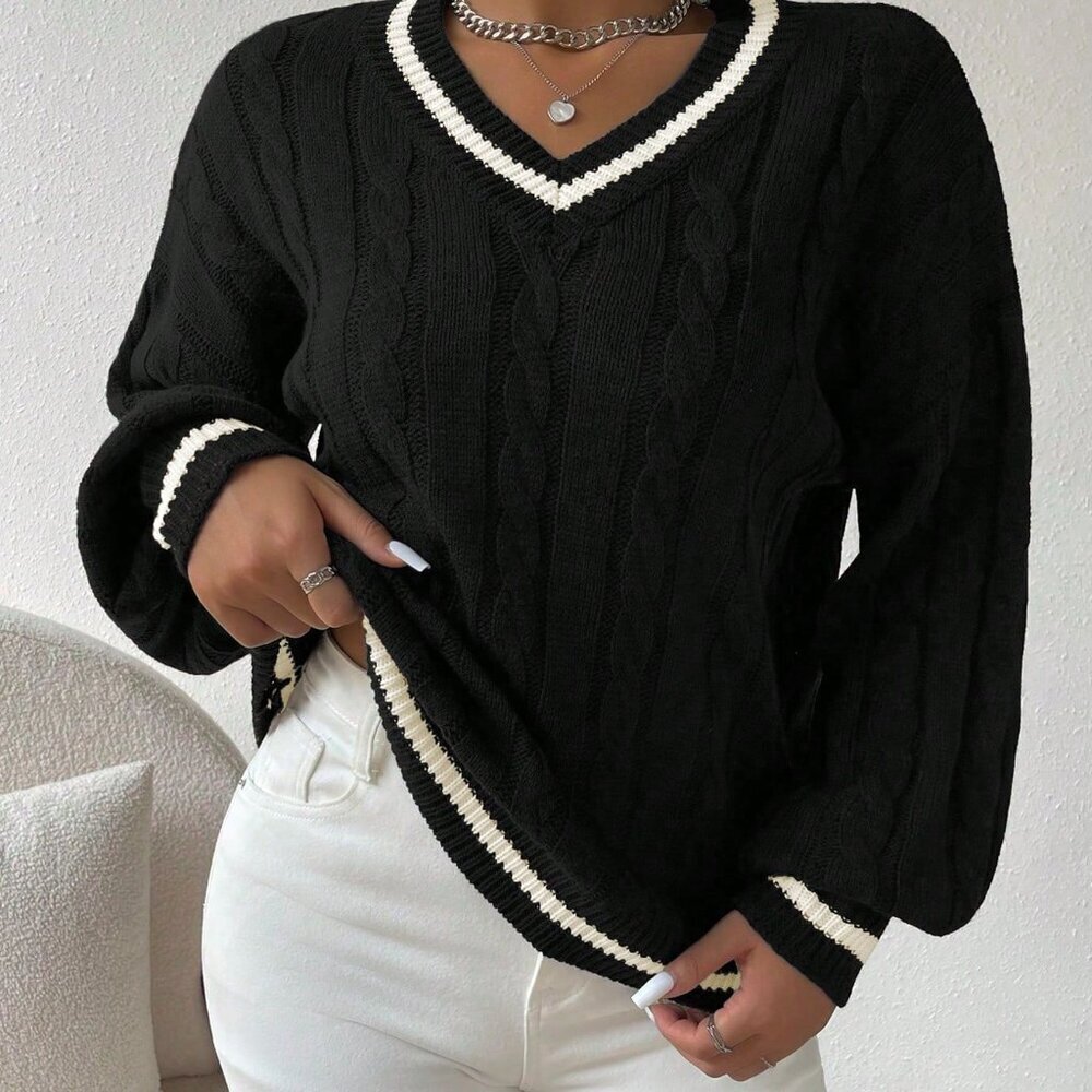 Black Casual Women's Striped Cable Knit Sweater